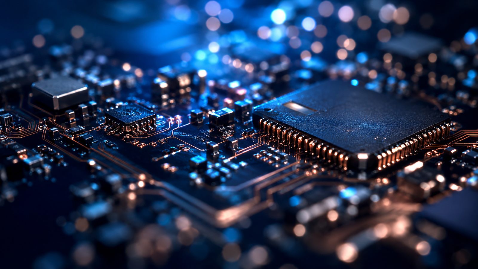 Macro of an electronics circuit board under cool blue light - BIS CRS registration for electronics sold in India