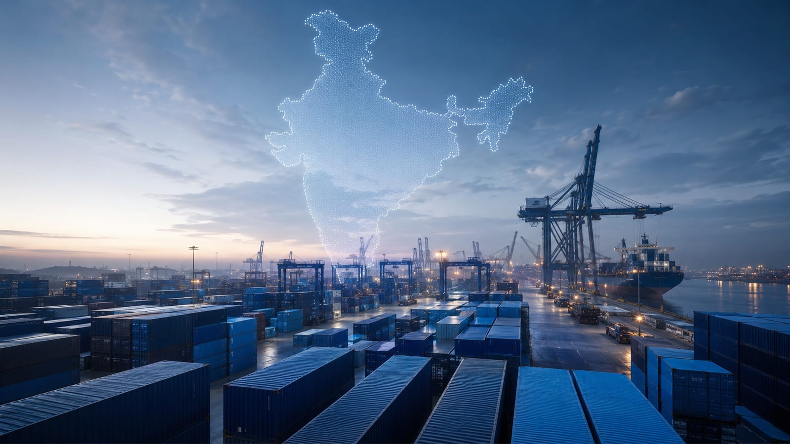 Container port at dawn with a glowing dotted map of India above the cranes - importing electronics into India