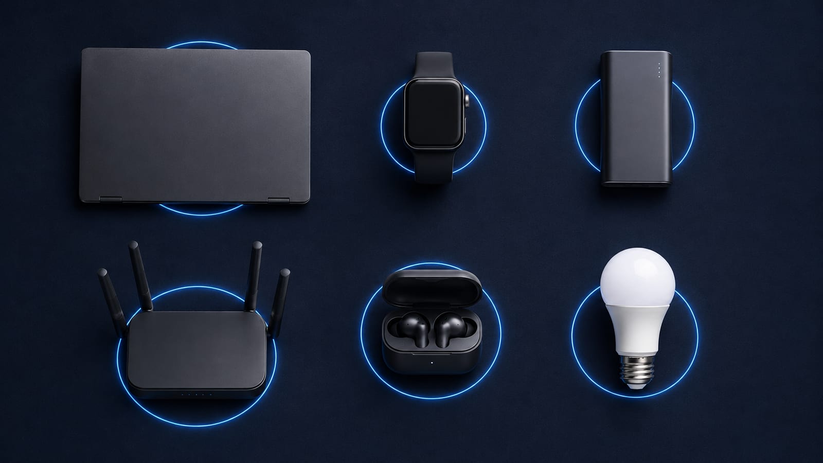 Laptop, smartwatch, power bank, Wi-Fi router, wireless earbuds and LED bulb on a navy surface - electronics that need Indian approvals