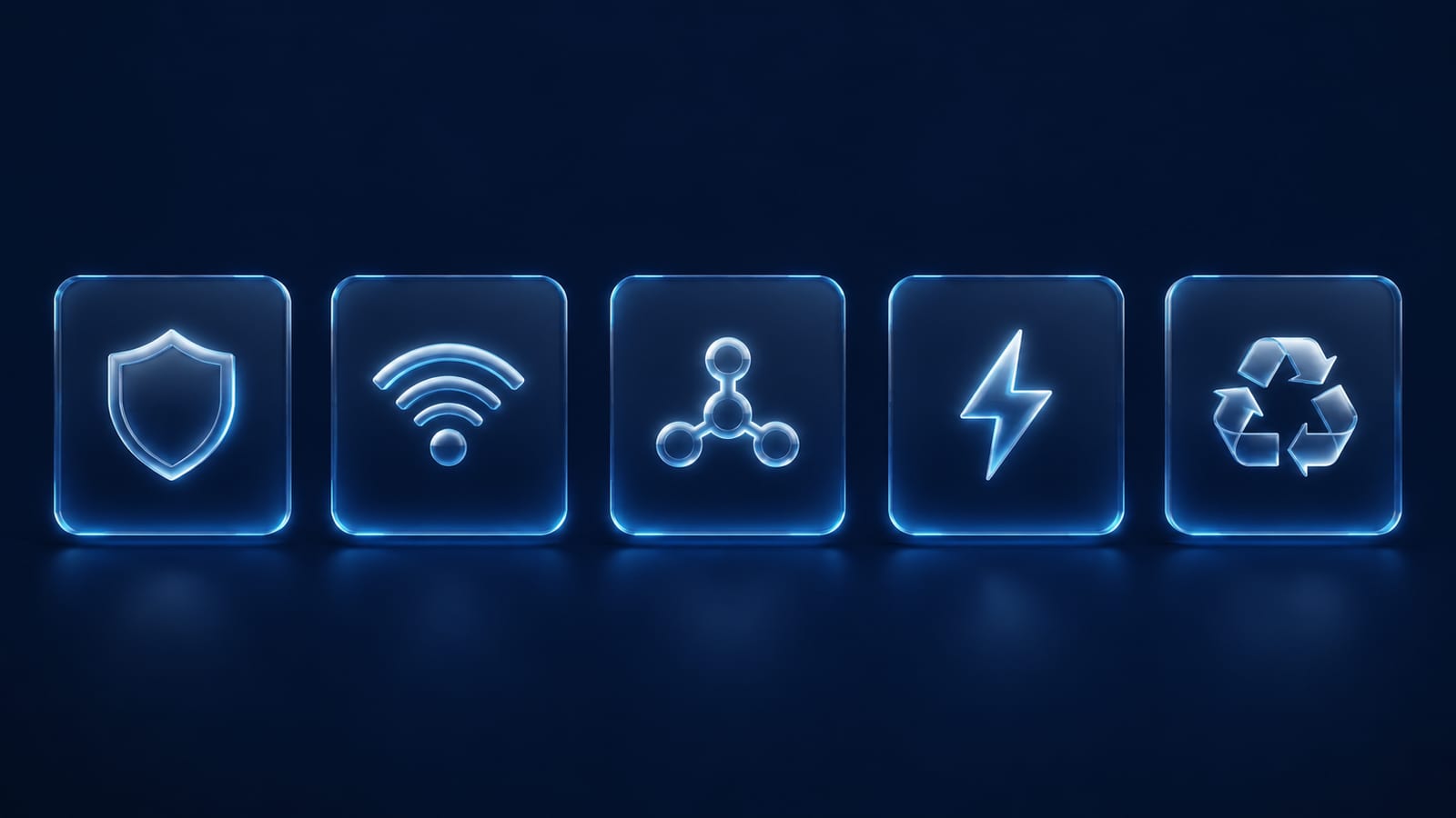 Five glass tiles with icons for safety, wireless, network, energy and recycling - the five Indian product regulators BIS, WPC, TEC, BEE and CPCB
