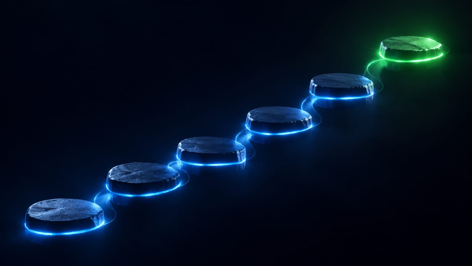 Six glowing stepping stones ascending to a green-lit final stone - the correct order to apply for Indian product approvals