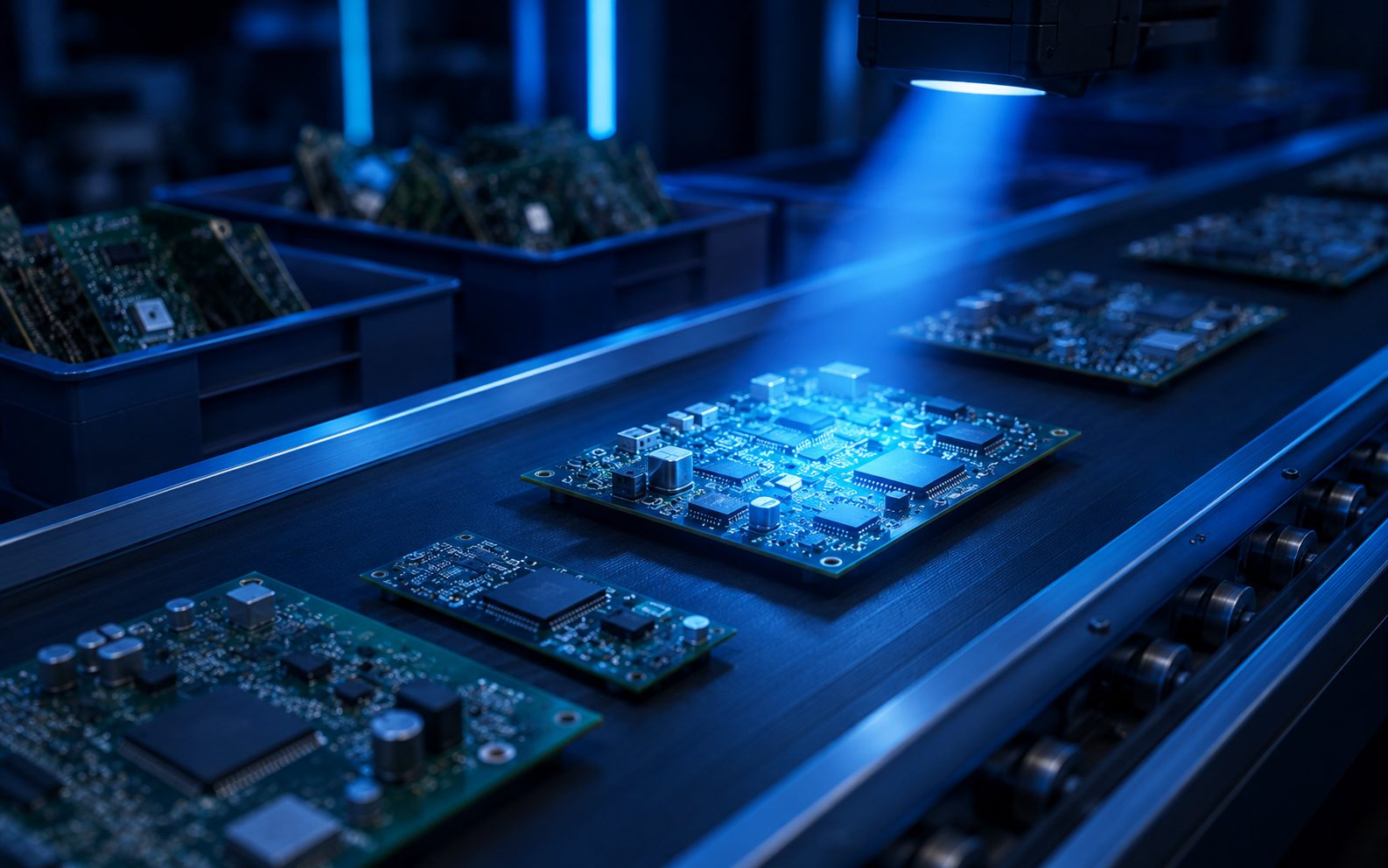 Circuit boards in an orderly recycling flow under a blue beam - EPR e-waste compliance with CPCB