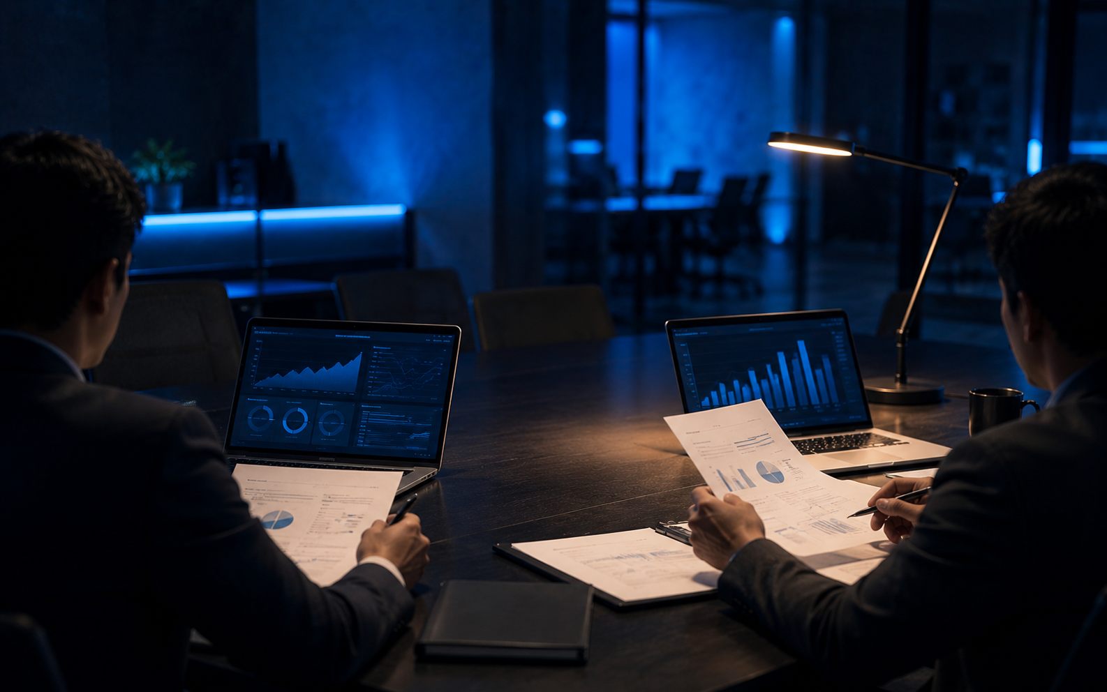 Consultants reviewing technical compliance documents at a conference table