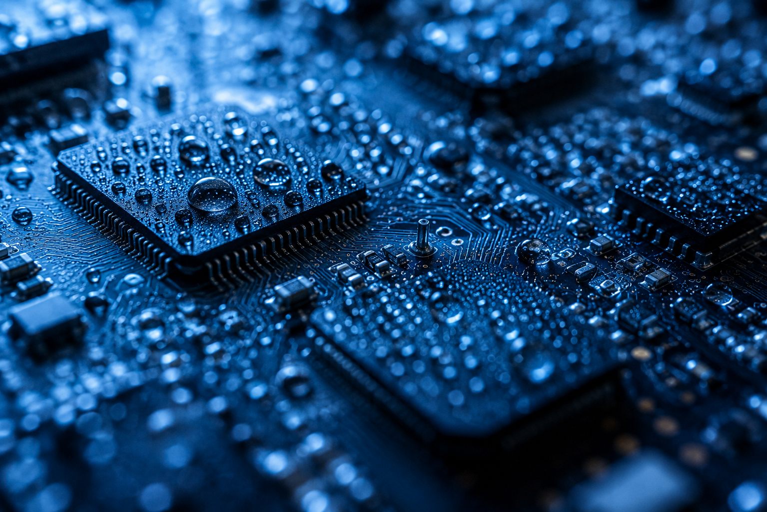Condensation droplets forming on a circuit board