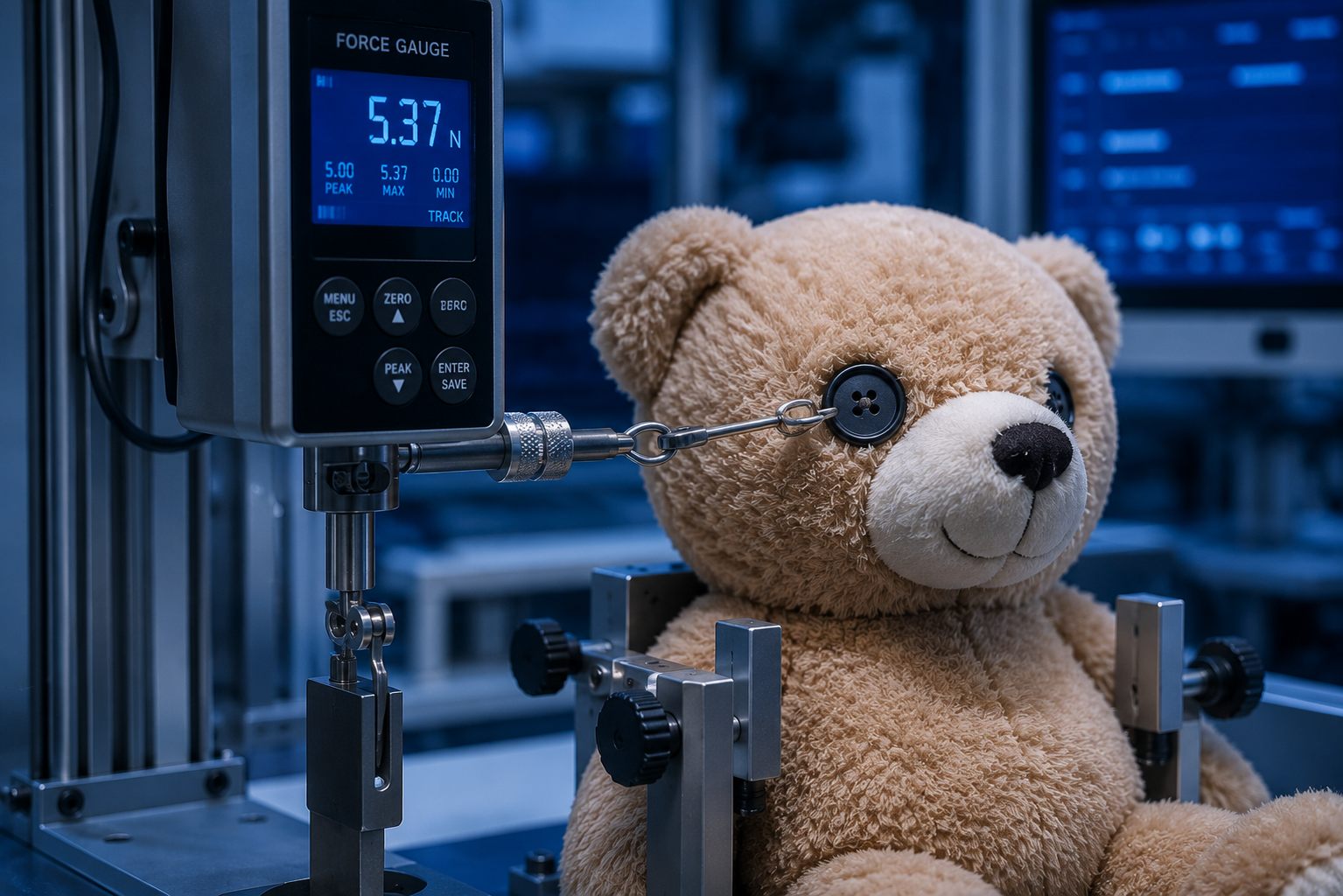 Force gauge testing a teddy bear's eye in a laboratory fixture