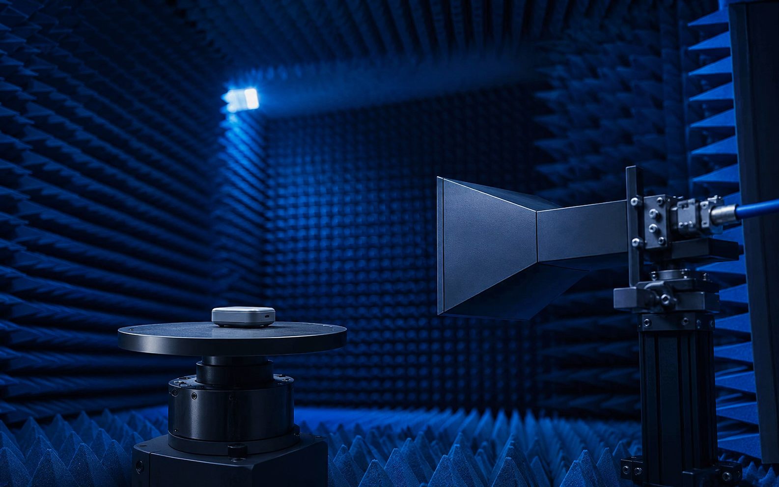 Wireless device on a turntable in an anechoic chamber with horn antenna